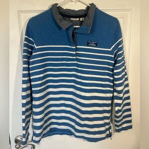 L.L. Bean Blue White Striped Cotton Henley Long Sleeve Size Medium 1/4 Button